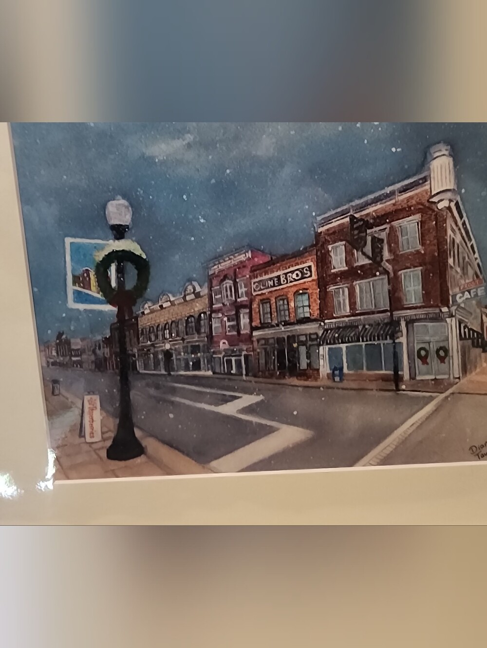 Winter Virginia Street Scene Watercolor Print - Blue and Brown